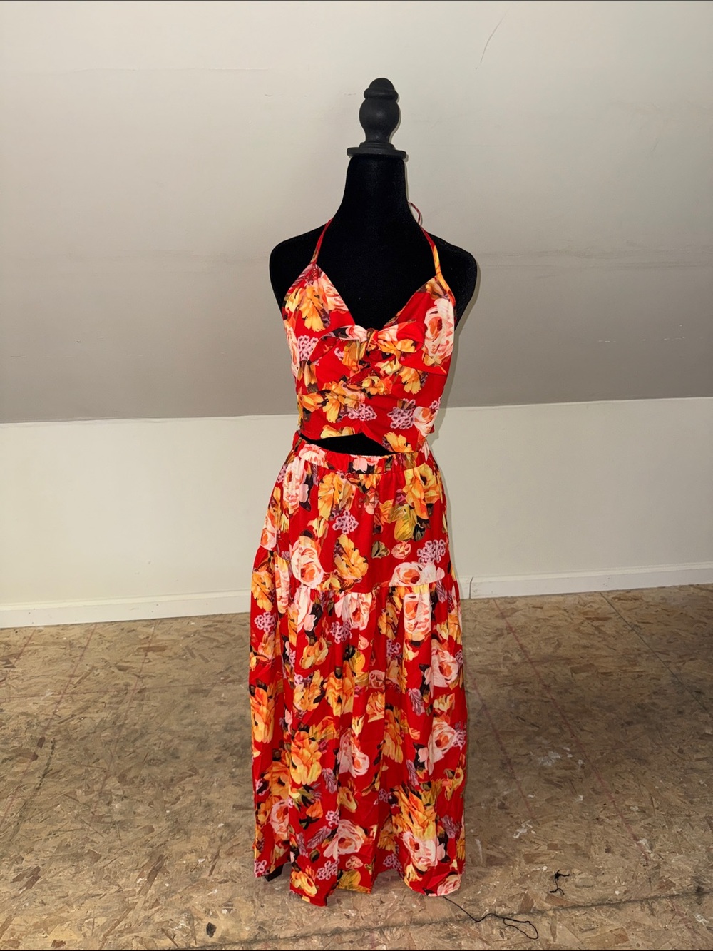 Red Floral Halter Maxi Dress